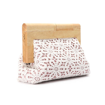 Crochet Floral Pattern Wooden Frame Clutch Shoulder Bag – Pink