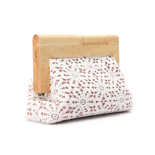 Crochet Floral Pattern Wooden Frame Clutch Shoulder Bag – Pink