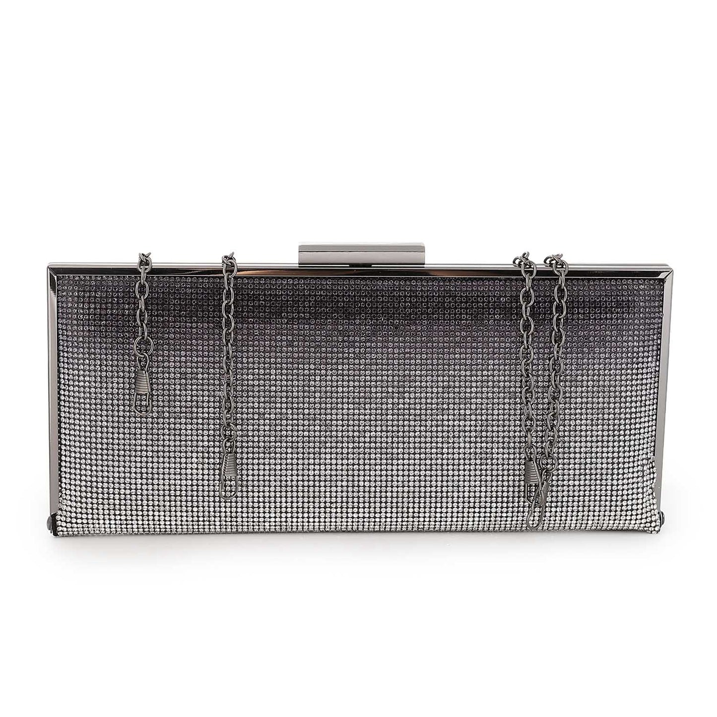 Rhinestone Hardcase Clutch with Chain Straps - Black