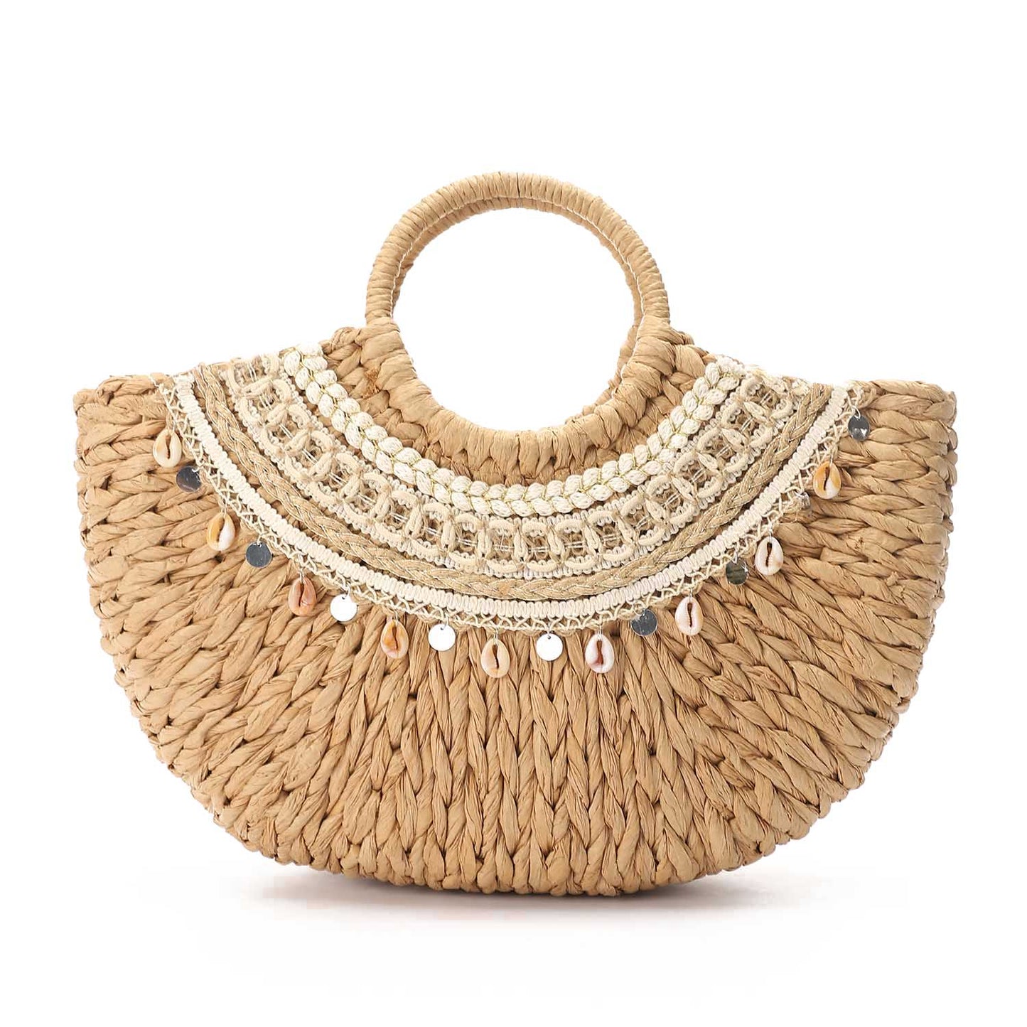 Woven Bohemian Shell Embellished Bag - Brown
