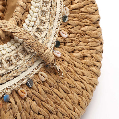 Woven Bohemian Shell Embellished Bag - Brown