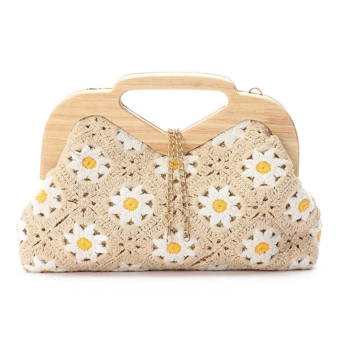 Wicker Crochet Floral Clutch Handbag – Beige