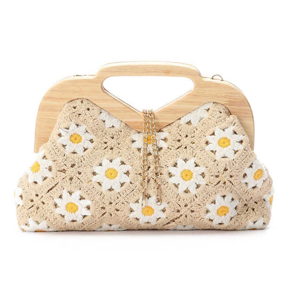 Wicker Crochet Floral Clutch Handbag – Beige