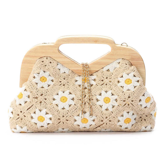 Wicker Crochet Floral Clutch Handbag – Beige