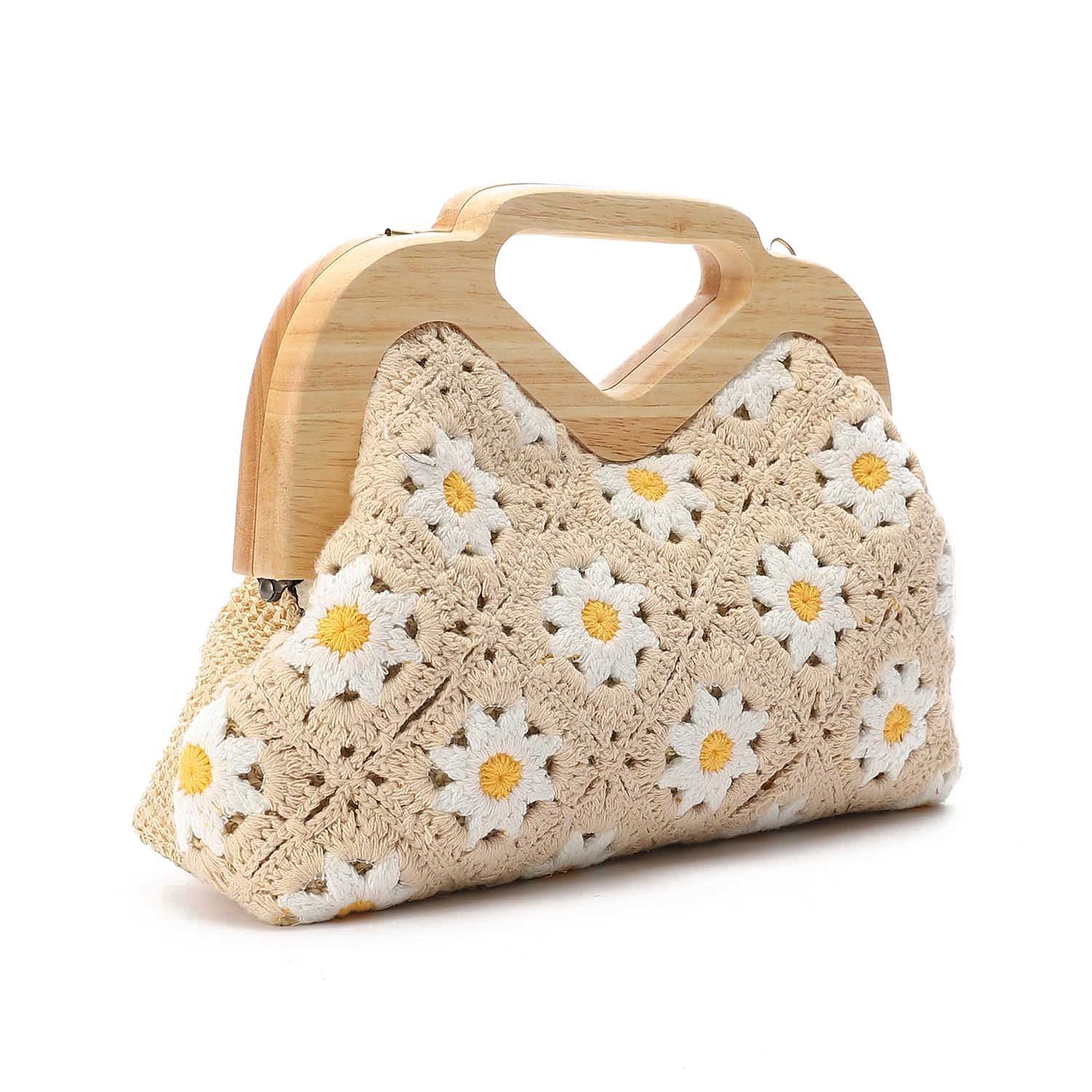 Wicker Crochet Floral Clutch Handbag – Beige