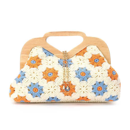 Wicker Crochet Floral Clutch Handbag – White