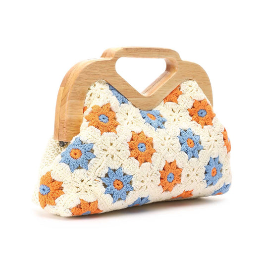 Wicker Crochet Floral Clutch Handbag – White