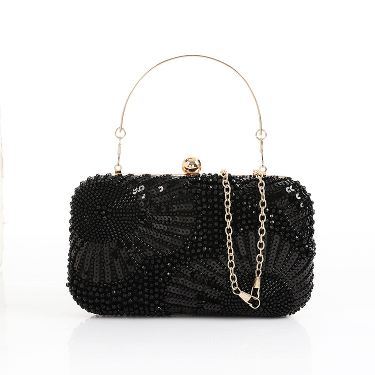 Synthetic Beaded Pattern Hand Bag – Black