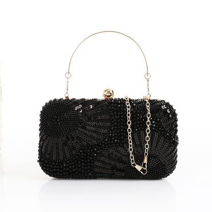 Synthetic Beaded Pattern Hand Bag – Black