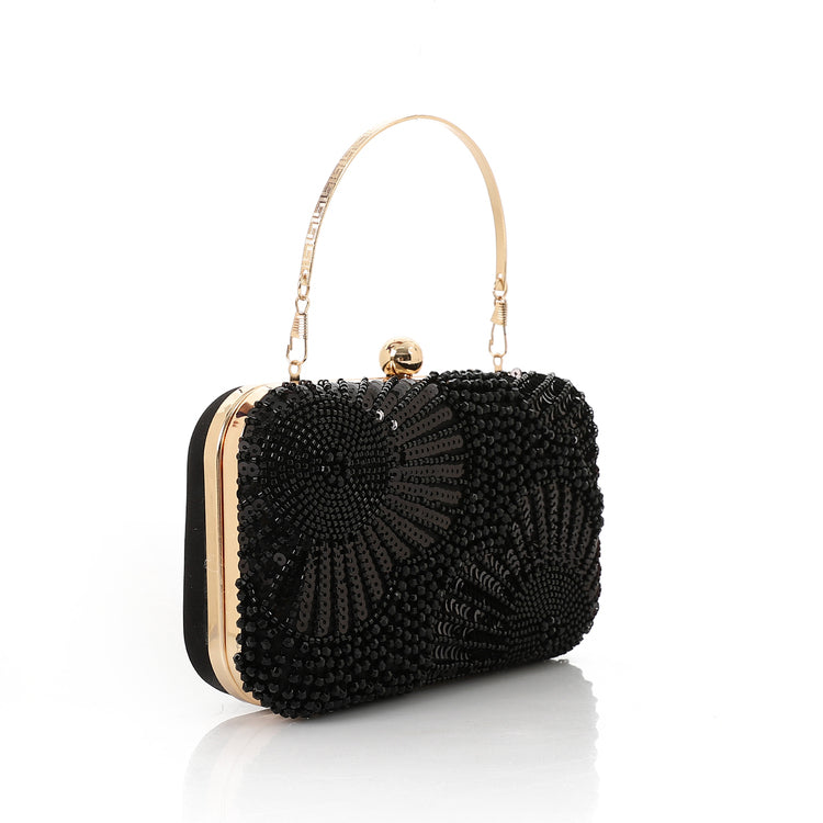 Synthetic Beaded Pattern Hand Bag – Black