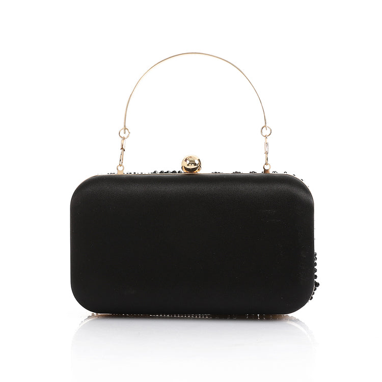 Synthetic Beaded Pattern Hand Bag – Black
