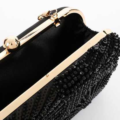 Synthetic Beaded Pattern Hand Bag – Black