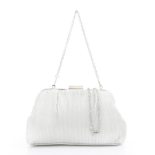 Satin Pleated Pattern Evening Bag – Silver