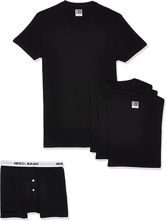 Cotton Solid V-Neck T-Shirt Set of 4 with Free Boxer – Black