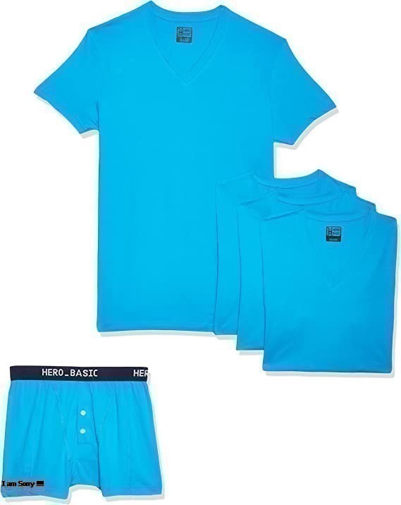 Cotton Solid V-Neck T-Shirt Set of 4 with Free Boxer – Turquoise