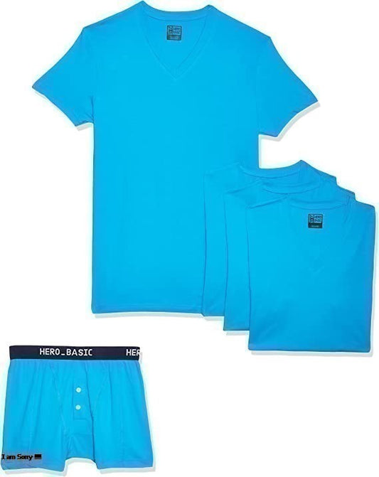 Cotton Solid V-Neck T-Shirt Set of 4 with Free Boxer – Turquoise