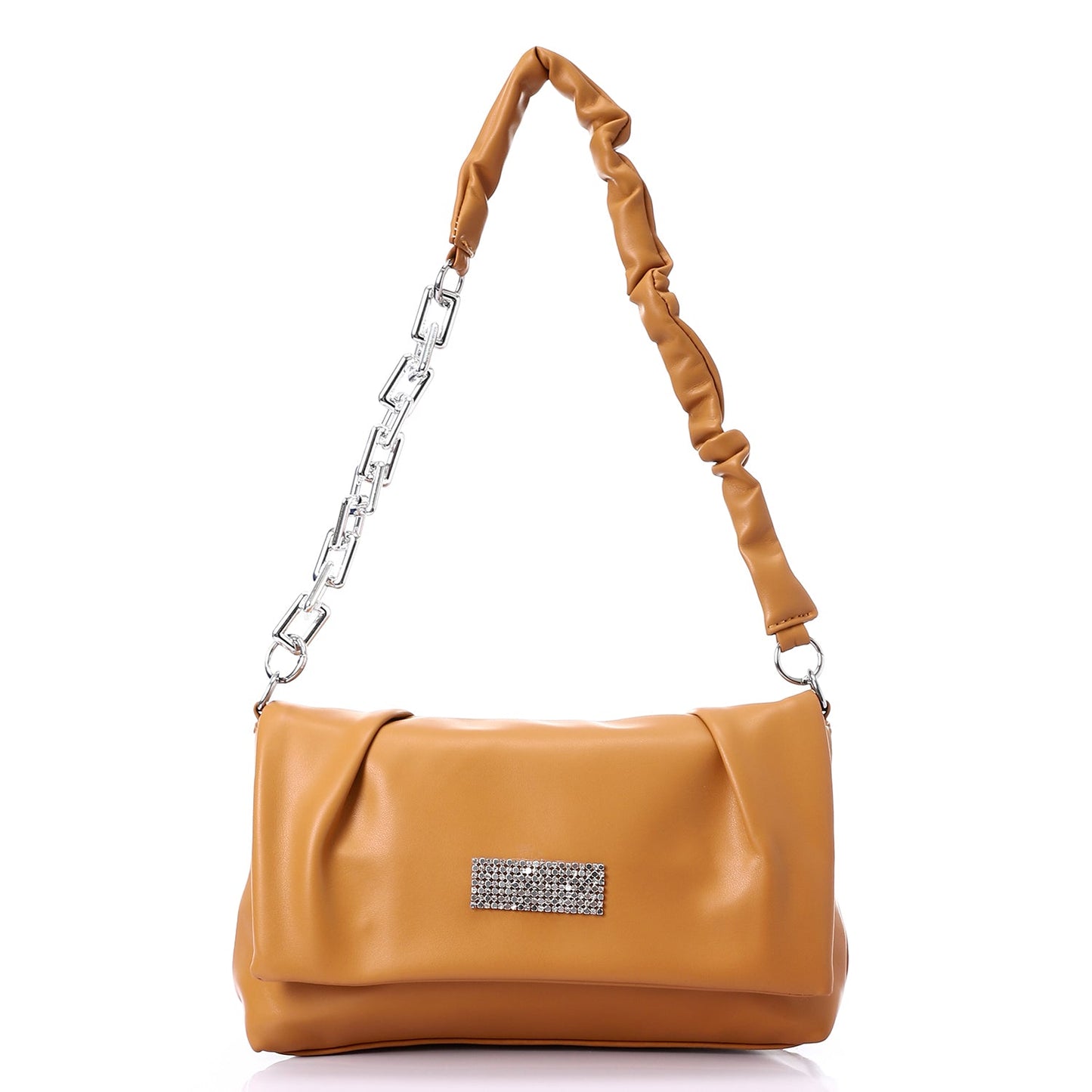 Faux Leather Solid Shoulder Bag with Chain Strap - Camel