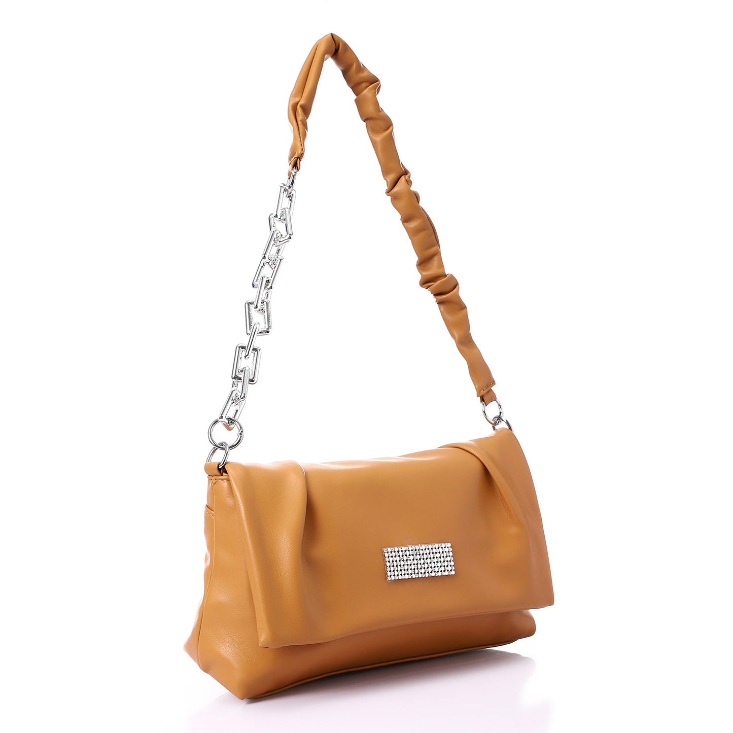 Faux Leather Solid Shoulder Bag with Chain Strap - Camel