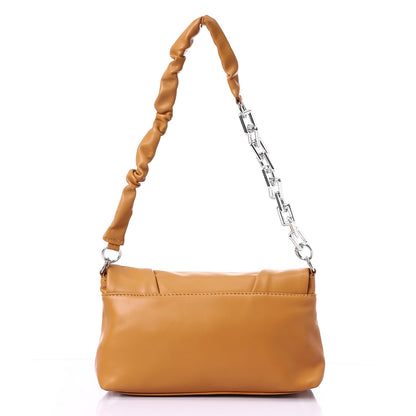 Faux Leather Solid Shoulder Bag with Chain Strap - Camel