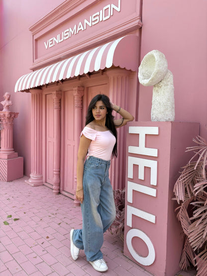 Cotton Stretch Off-Shoulder Casual Top – Pink