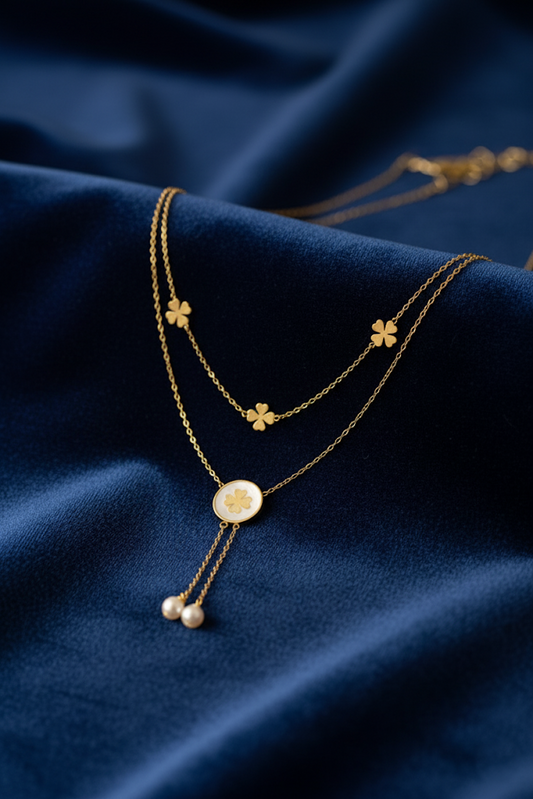 Stainless Steel Double-Layer Clover & Pearl Necklace – White