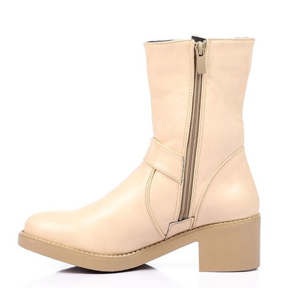 Faux Leather Mid-Calf Buckle Boots – Beige