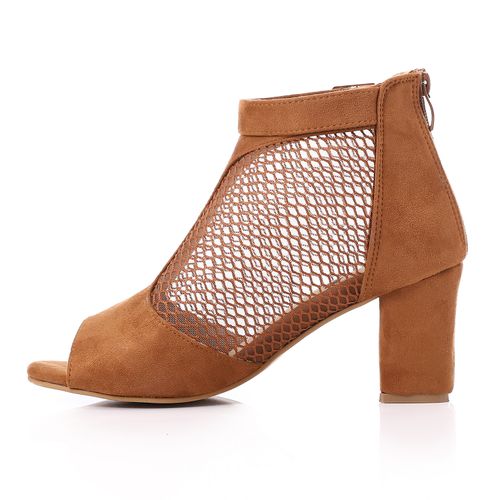 Suede and Mesh Peep-Toe Bootie Sandals - Camel