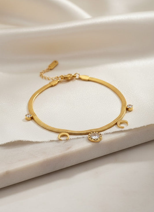 Stainless Steel Snake Chain Bracelet Rose Stone Charms – Gold