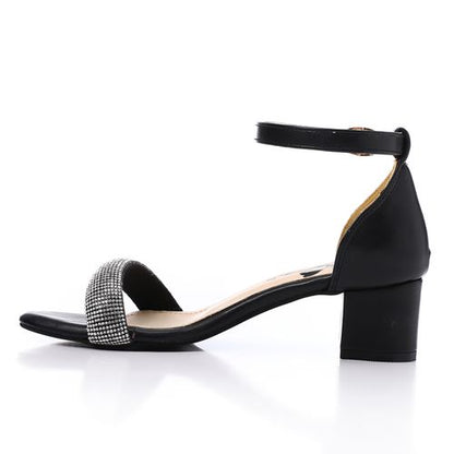 Faux Leather Diamante Ankle Strap Sandals - Black