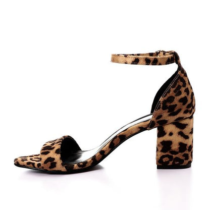 Leopard Print Block Heel Ankle Strap Sandals