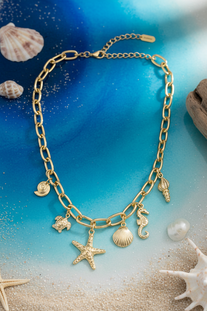 Zinc Alloy Crystal-Studded Sea Charm Link Necklace – Gold
