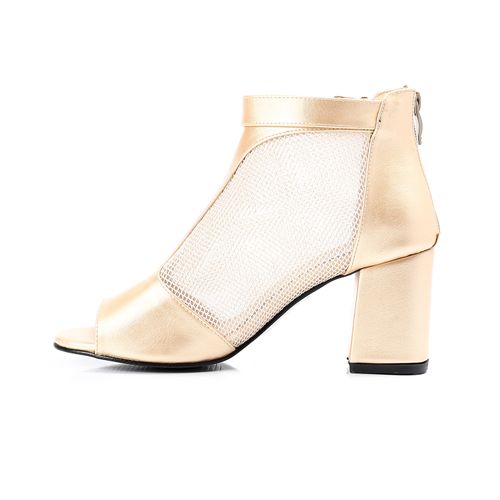 Faux Leather Mesh Block Heel Sandals - Gold
