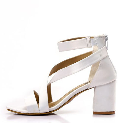 Satin Block Heel Sandals - White