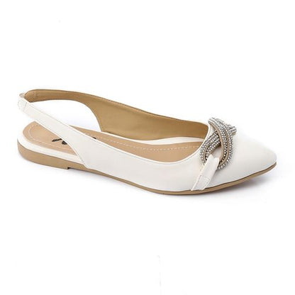 Faux Leather Embellished Slingback Flats – White
