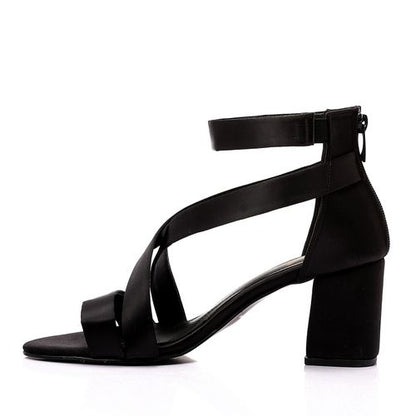 Satin Block Heel Sandals - Black