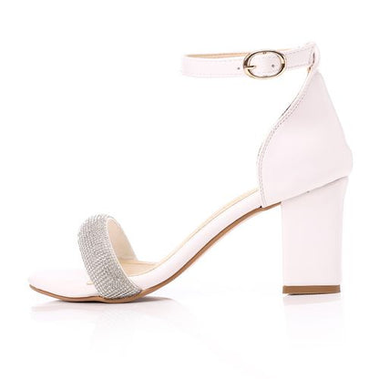 Faux Leather Diamante Ankle Strap Sandals - White