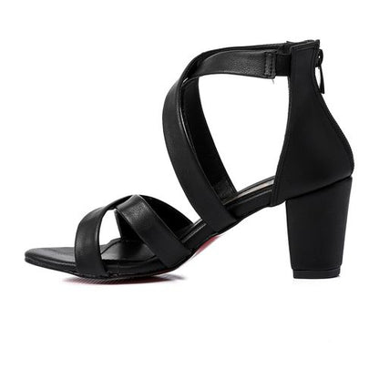 Cross Strap Block Heel Sandals - Black