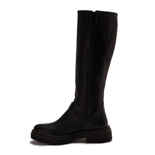 Leather Plain Knee-High Boots - Black