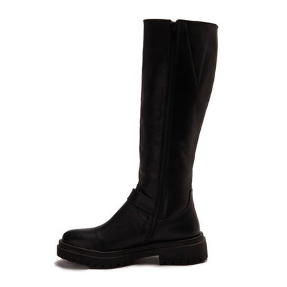 Leather Plain Knee-High Boots - Black