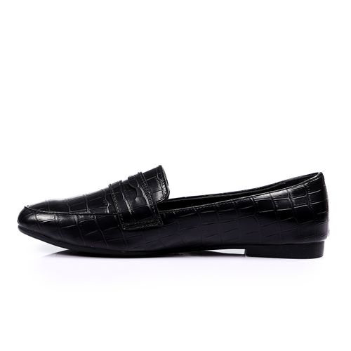 Faux Leather Croc-Embossed Loafers – Black