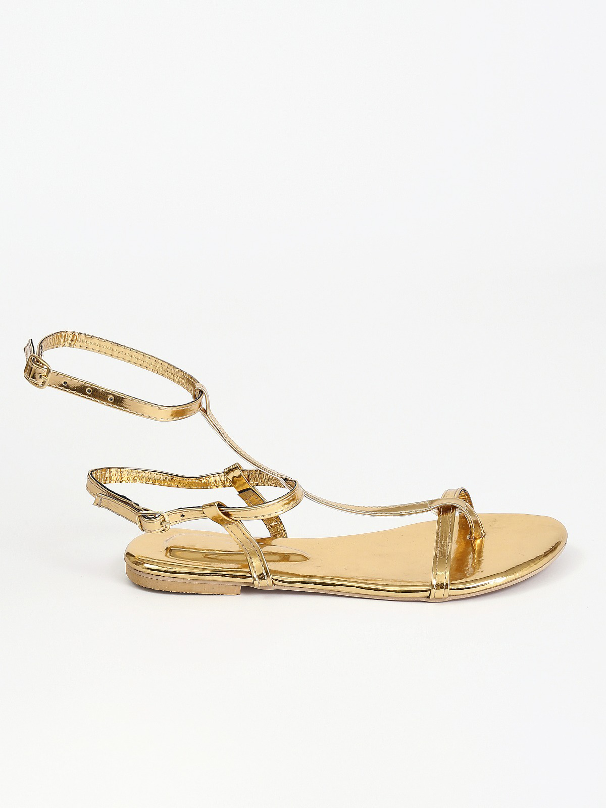 Leather Double Buckle Flat Sandals - Gold