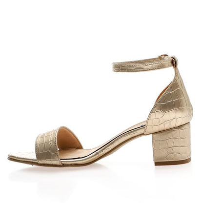 Faux Leather Ankle Strap Block Heel Sandals – Gold