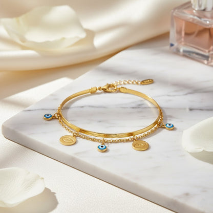 Stainless Steel Double Layer Evil Eye Charm Bracelet – Gold