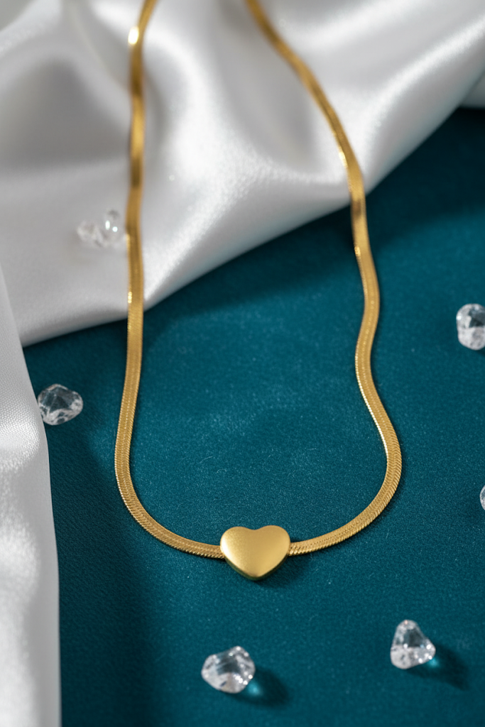 Stainless Steel Snake Chain Necklace with Matte Heart Pendant – Gold