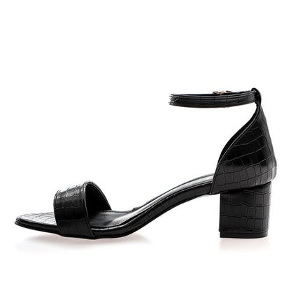 Faux Leather Ankle Strap Block Heel Sandals – Black