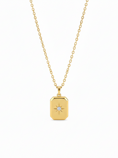 Stainless Steel Rectangular Star Crystal Pendant Necklace – Gold
