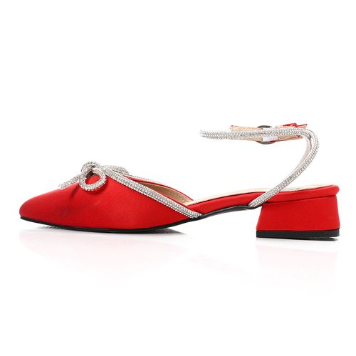 Satin Low Block Heel Shoes - Red