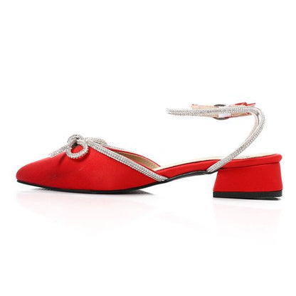 Satin Low Block Heel Shoes - Red