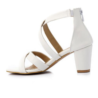 Cross Strap Block Heel Sandals - White