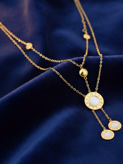 Stainless Steel Double-Layer Roman Numeral Pendant Necklace – Gold